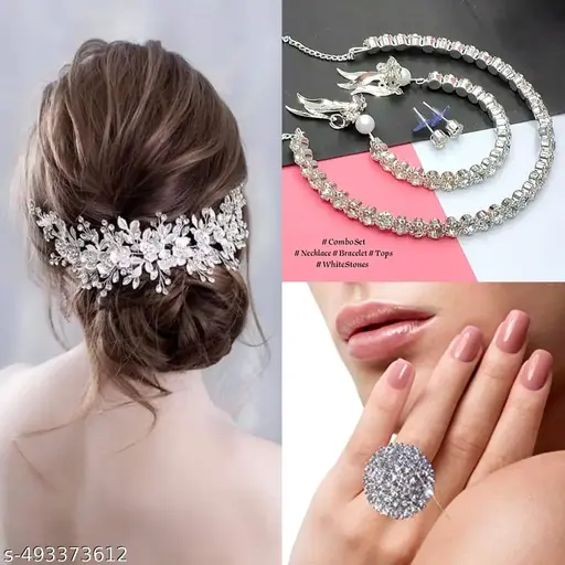 Party Wear Silver Plated Necklace Chocker and Bracelet and American Diamond Ring with Free Tiara